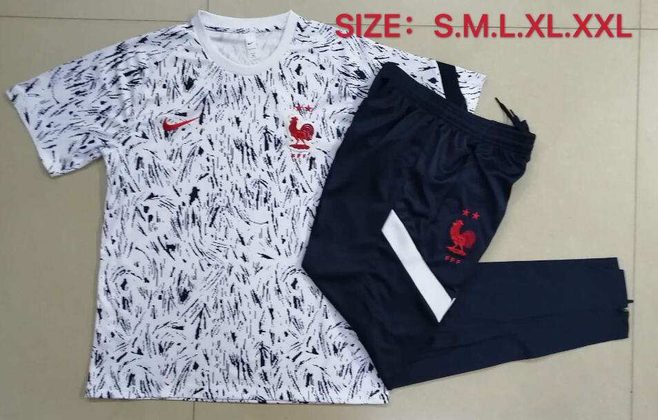 2020 EURO France White Short Sleeve Training Kits Shirt with Pants